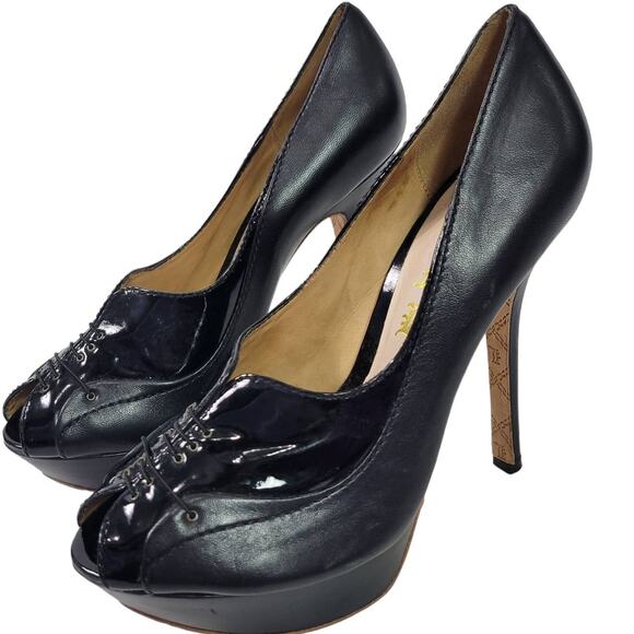 LAMB Peep Toe Stiletto Heel Black Leather Corset Platform Patent Dressy Size 8.5 - Picture 1 of 15